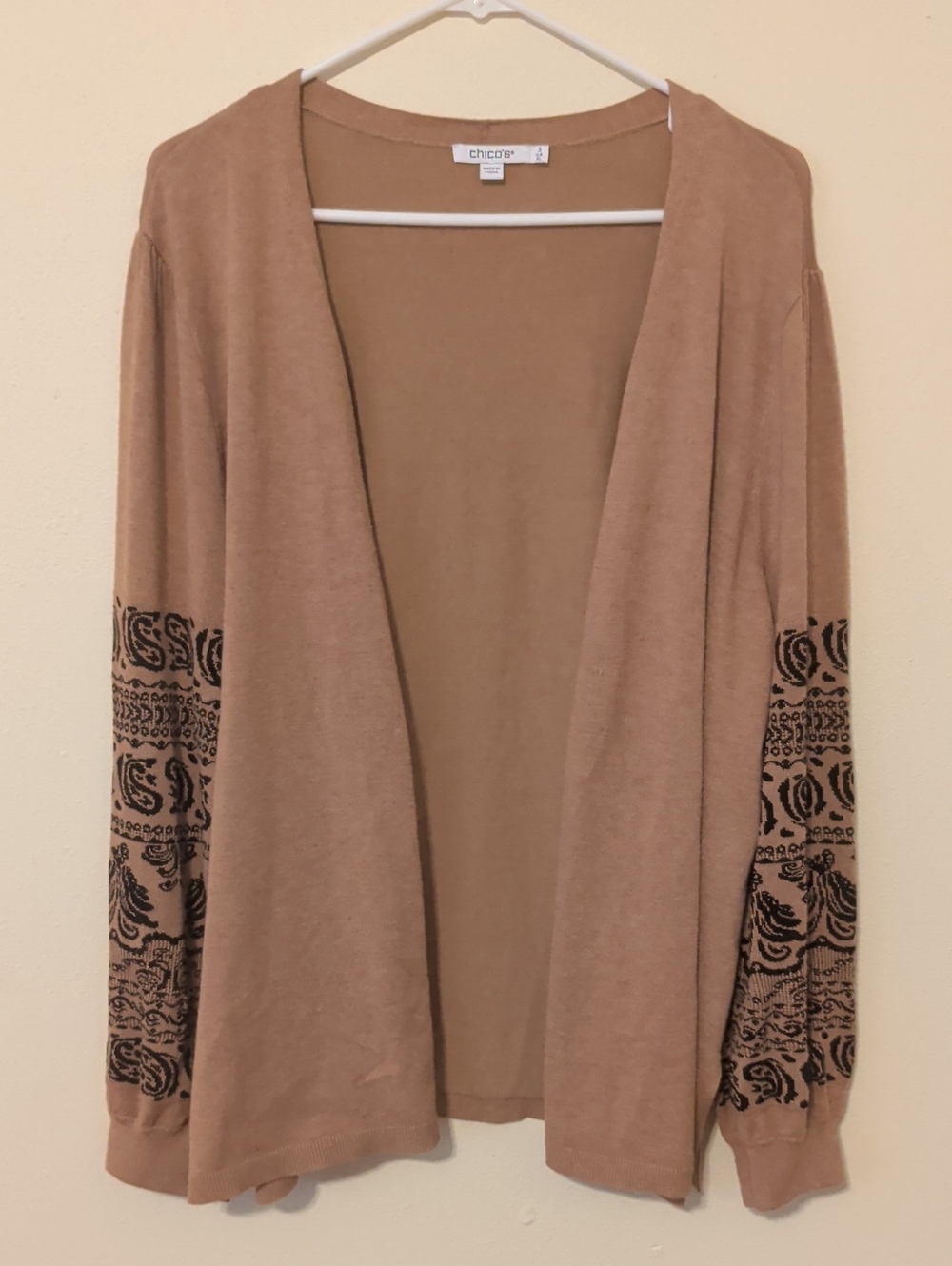 Chico's Camel Open-Front Cardigan with Printed Sleeves